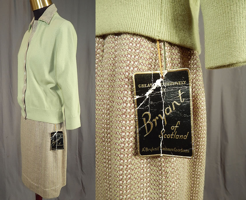 Vintage Bryant of Scotland Cashmere Cardigan Sweater Suit Tweed Skirt NWT
This classic cashmere coordinate two piece suit dress outfit has a cardigan sweater with tweed trim edging, fold over collar, long sleeves, button closures down the front and is unlined. 