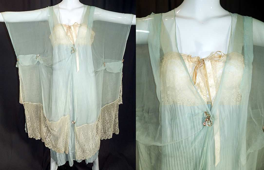 Vintage Blue Silk Chiffon Lace Rosette Peignoir Negligee Nightgown & Robe
This vintage blue silk chiffon lace rosette peignoir negligee nightgown and robe dates from the 1920s. The negligee nightgown is made of a blue pastel pleated silk fabric (Fortuny style) with an off white cream color lace yoke, adjustable drawstring ribbon neckline, silk ribbon shoulder straps and is a loose fitting, long floor length. 