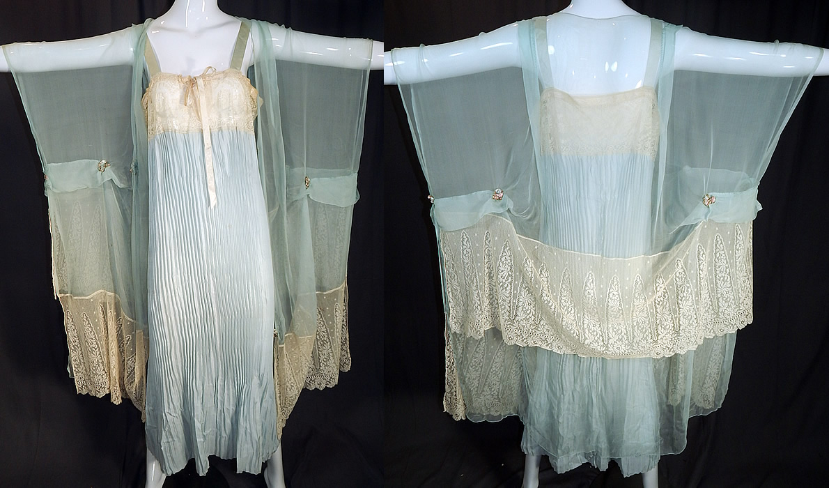 Vintage Blue Silk Chiffon Lace Rosette Peignoir Negligee Nightgown & Robe

Also included is a pale blue sheer silk chiffon peignoir robe dressing gown which is loose fitting, with batwing sleeves, silk rosette flower accents, cream lace trim edging along the bottom, a V front neckline opening with single snap closure and is sheer, unlined. 