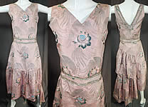 Vintage French Silk Damask Brocade Rhinestone Beaded Evening Gown Dress
