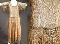 Vintage Gold Metallic Lamé Lame Lace Short Kimono Sleeve Dress & Pink Silk Slip
