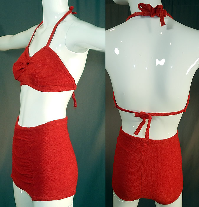 Vintage Catalina Red Rayon Knit Two Piece Pinup Bikini Bathing Suit Swimsuit
This sexy two piece pinup bombshell bikini bathing suit has a bra top with adjustable halter tie neck strap, back strap and a skort front panel bottom shorts trunks with an adjustable inside drawstring waist. 