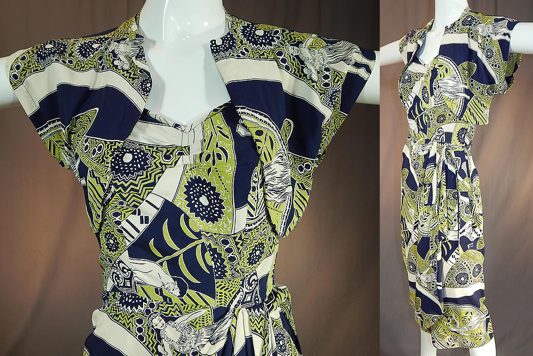 Vintage Poi Pounder Tog Hawaiian Hula Print Rayon Sarong Dress Shrug Jacket
It is made of a chartreuse green, navy blue and white rayon fabric with a Hawaiian figural print of hula dancers and poi pounders.