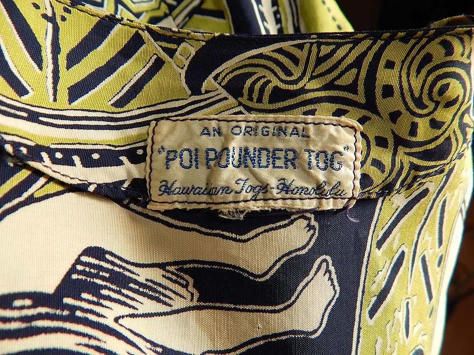 Vintage Poi Pounder Tog Hawaiian Hula Print Rayon Sarong Dress Shrug Jacket
There is "An Original Poi Pounder Tog Hawaiian Togs-Honolulu" label sewn inside. It is in good condition, with only two small faint stains on the front top of the dress which are barely noticeable (see close-up). This is truly a rare and exceptional piece of collectible Hawaiiana vintage textile art!