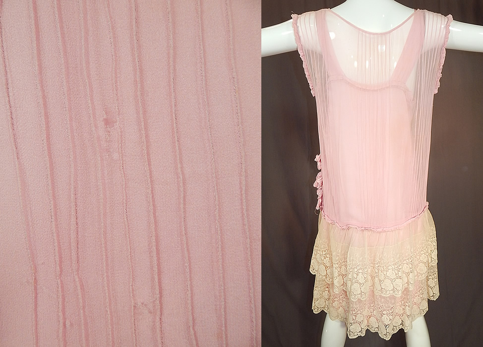 Vintage Pleated Pink Silk Rosette Flowers Cream Lace Ruffle Skirt Drop Waist Dress
The dress measures 40 inches long, with 40 inch hips, a 36 inch waist and 40 inch bust. It is in good condition, with only faint underarm discoloration and a few tiny frayed holes on the top (see close-up). This is truly a wonderful piece of wearable lace art! 