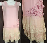 Vintage Pleated Pink Silk Rosette Flowers Cream Lace Ruffle Skirt Drop Waist Dress
