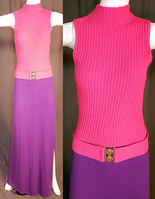 Vintage Kingston Knits by Cesia California Pink & Purple Knit Belted Mod Maxi Dress
This vintage Kingston Knits by Cesia California pink and purple knit belted mod maxi dress dates from the 1970s. It is made of bright neon pink and purple knit fabric, with a ribbed texture top. 