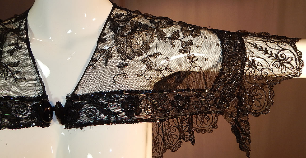 Victorian Black Chantilly Lace Jet Beaded Shawl Collar Fichu Pelerine Cape
The cape measures 16 inches long and 16 inches wide along the back shoulders. 