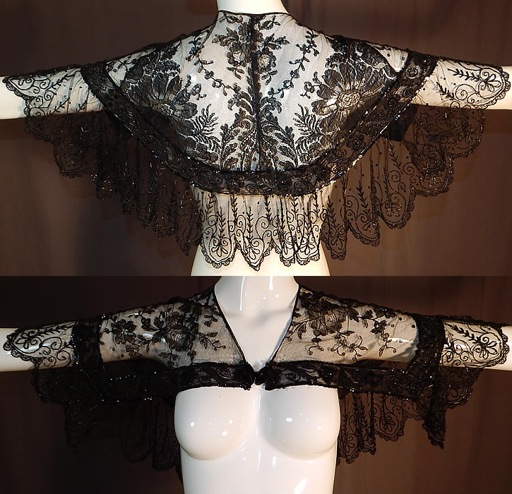 Victorian Black Chantilly Lace Jet Beaded Shawl Collar Fichu Pelerine Cape
There is a floral raised embroidered trim edging outlined in jet beading and a jet beaded scalloped ruffle trim bottom.