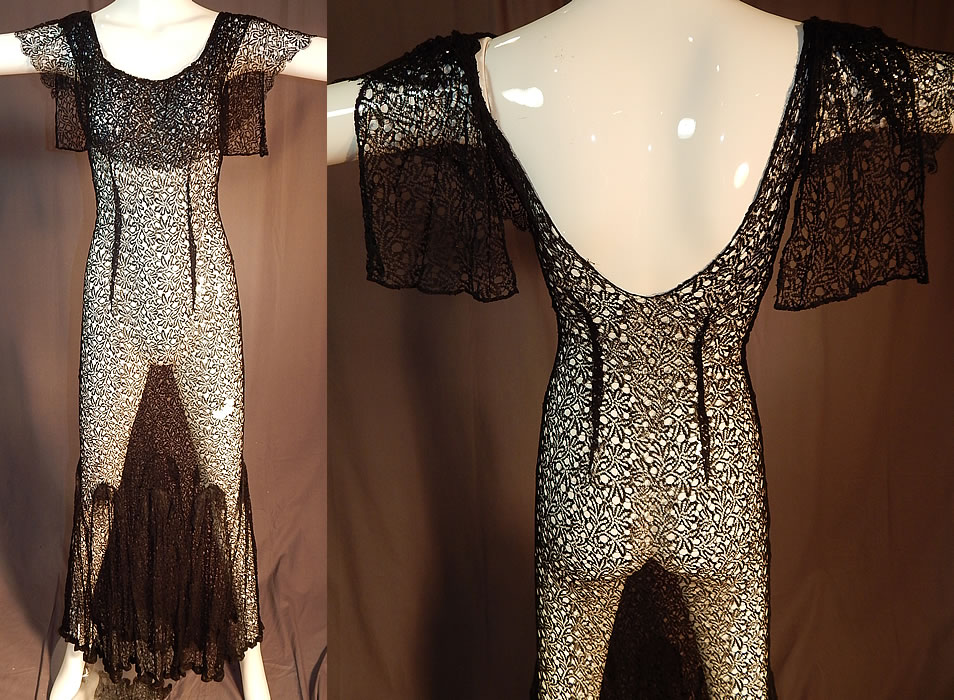 Vintage Sheer Black Silk Net Cobweb Lace Backless Bias Cut Evening Gown Dress
This vintage sheer black silk net cobweb lace backless bias cut evening gown dress dates from the 1930s. It is made of a sheer black silk net fine cobweb lace fabric, with a leaf like, circular pattern design.