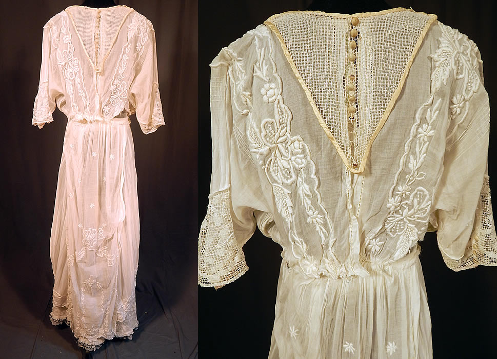 Edwardian Titanic Embroidered French Knot Batiste Filet Lace Lawn Dress Tea Gown
This is truly a wonderful piece of wearable antique lace art which could be worn as a wedding or graduation dress!