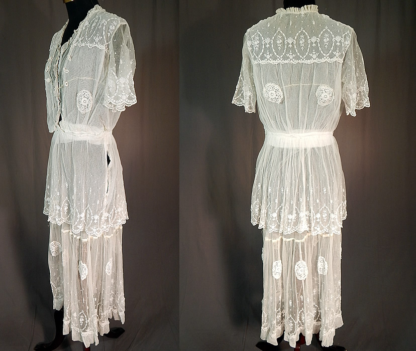 Titanic Edwardian Embroidered White Tulle Net Lace Applique Dress Tea Gown
It is in good condition, with only some frayed silk remnant trim around the skirt. This is truly a wonderful piece of wearable antique lace art which could be worn as a wedding or graduation dress! 