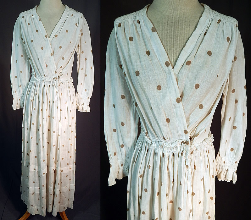 Edwardian White Cotton Muslin Brown Polka Dot Print Shoulder Smocking Dress
This vintage Edwardian era white cotton muslin brown polka dot print shoulder smocking dress dates from 1910. It is made of a white cotton muslin woven fabric, with a light brown polka dot print design throughout. 