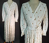 Edwardian White Cotton Muslin Brown Polka Dot Print Shoulder Smocking Dress
