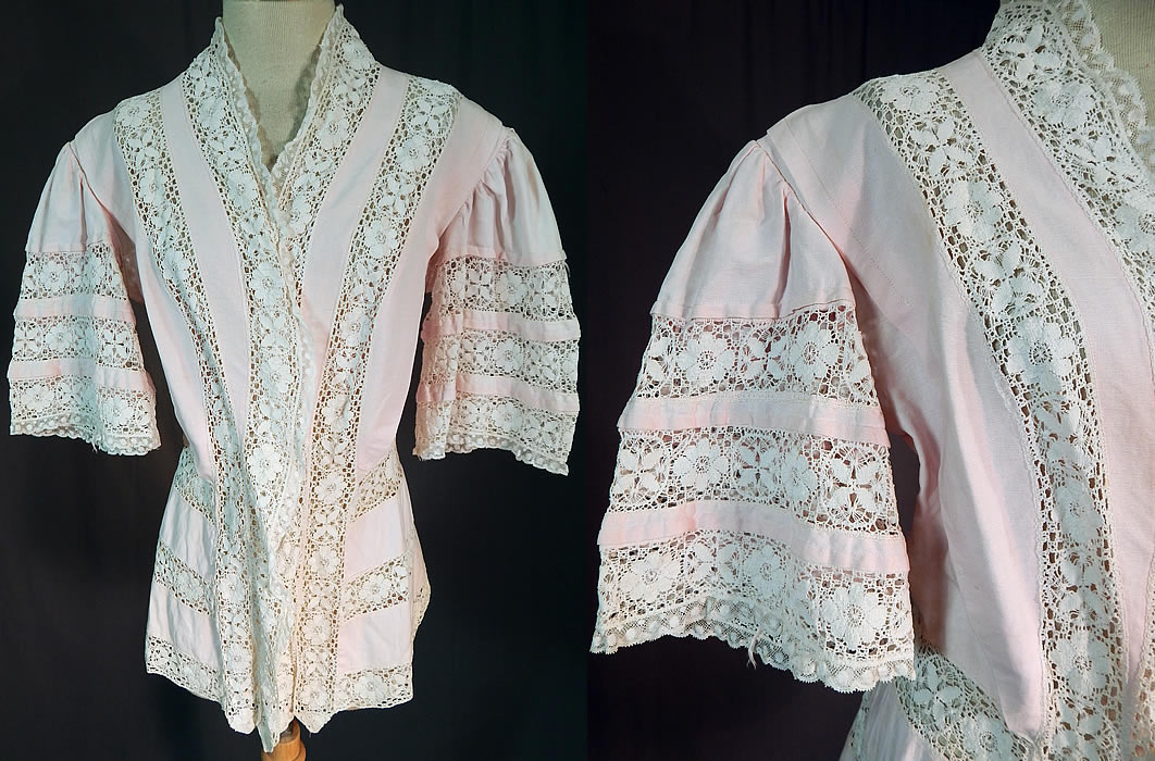 Edwardian Pink Cotton Pique White Lace Trim Coattails Coat Jacket
This vintage Edwardian era pink cotton pique white lace trim coattails coat jacket dates from 1910. It is made of a pale pink pastel cotton pique ribbed textured fabric, with white lace trim inserts, a floral butterfly pattern lace and narrow polka dot scalloped lace trim edging. 