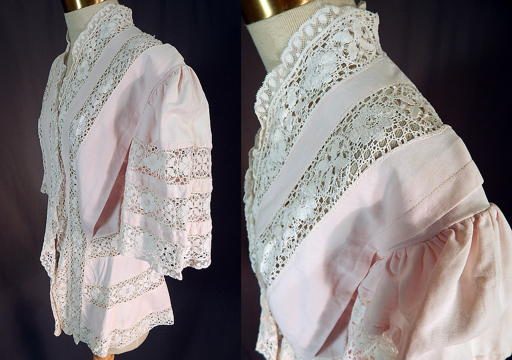 Edwardian Pink Cotton Pique White Lace Trim Coattails Coat Jacket
This lovely lace pink jacket is long mid hip length, has an open front with no closure, a tailored fitted back, with coattails split bottom lace trim, gathered shoulders, short full flared wide sleeves and is unlined. 