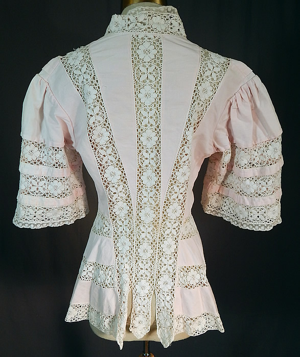 Edwardian Pink Cotton Pique White Lace Trim Coattails Coat Jacket
The jacket measures 26 inches long, with a 28 inch waist and 34 inch bust.