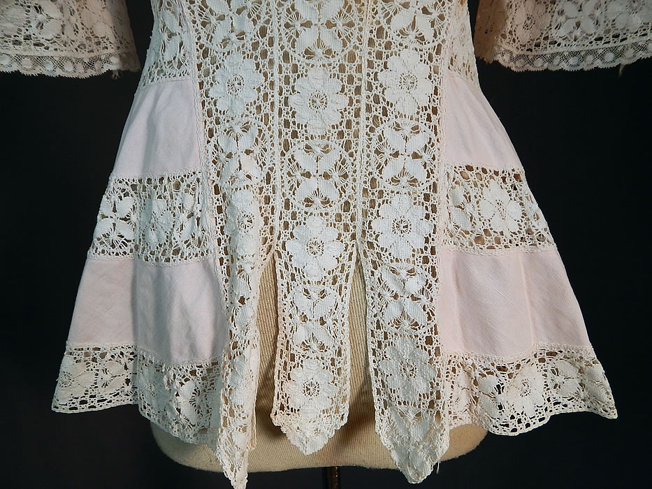 Edwardian Pink Cotton Pique White Lace Trim Coattails Coat Jacket
It is in good as-is condition, with only some slight fade discoloration in areas and a small break in the lace on one shoulder. This is truly a wonderful piece of wearable antique lace art!