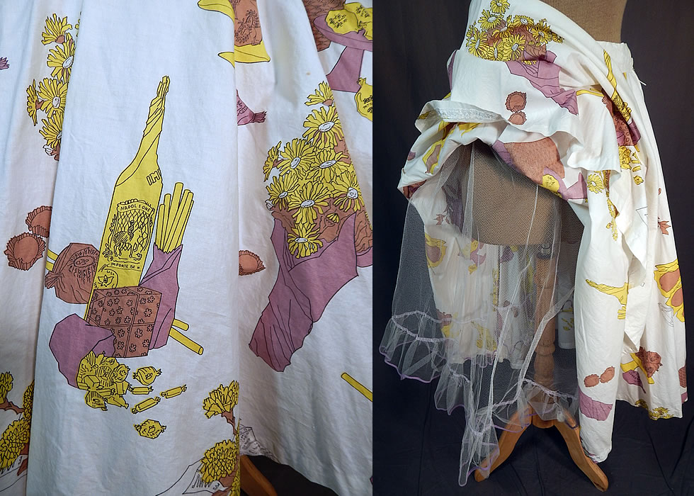 Vintage Cotton French Provincial Picnic Novelty Print Circle Skirt Tulle Net Petticoat
It is made of white cotton fabric with a purple and yellow novelty print French Provincial picnic design of wine, breadsticks, cheese, fruit, pears, chocolates, candy and flowers. 