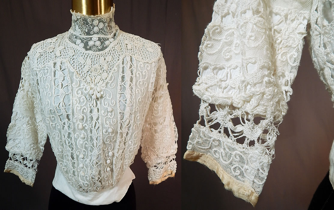 Edwardian Embroidered White Net Mixed Crochet Lace Bodice Blouse
This antique Edwardian era embroidered white net mixed crochet lace bodice blouse 1910. It is made of a white embroidered net fabric, with mixed laces of Irish crochet and cluny lace. 