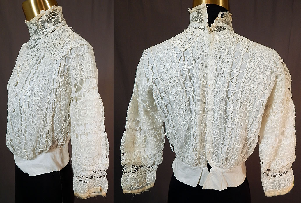 Edwardian Embroidered White Net Mixed Crochet Lace Bodice Blouse
The top measures 17 inches long, with a 24 inch waist, 34 inch bust and 9 inch neck.