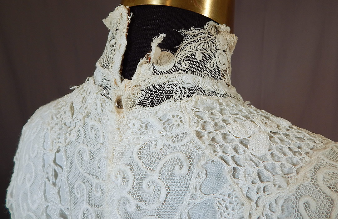 Edwardian Embroidered White Net Mixed Crochet Lace Bodice Blouse
The top measures 17 inches long, with a 24 inch waist, 34 inch bust and 9 inch neck.