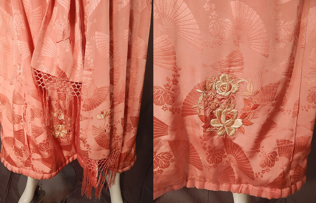 Vintage Japanese Pink Silk Damask Fan Floral Embroidered Mon Belted Kimono Robe
This is truly a wonderful piece of wearable Japanese textile art!