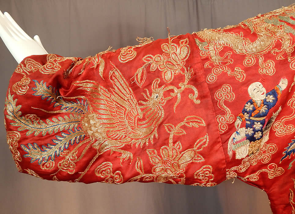 Antique Chinese Dragon Phoenix Gold Couching Embroidery Red Silk Opera Robe
The robe measures 40 inches long, with a 40 inch chest, 40 inch waist and 22 inch long sleeves.