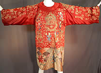 Antique Chinese Dragon Phoenix Gold Couching Embroidery Red Silk Opera Robe
