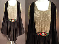 Vintage Art Deco Silk Print Top Black Jersey Knit Pinafore Dress & Beaded Belt
