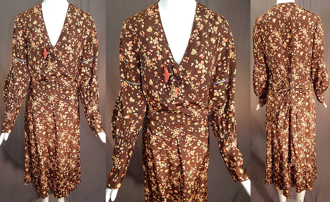 Vintage Brown Silk Polka Dot Bubble Print Belted Wrap Bias Cut Dress
This vintage brown silk polka dot bubble print belted wrap bias cut dress dates from the 1930s. It is made of a brown silk fabric with an abstract coral, chartreuse, cream, yellow polka dot bubble print pattern design. 