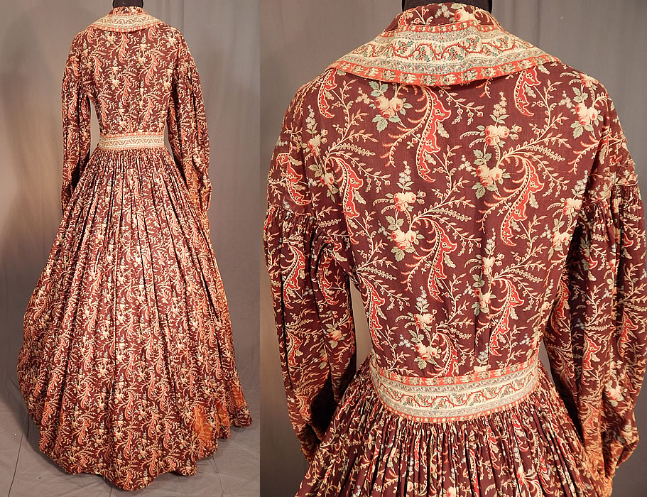 Victorian Civil War Era Chintz Calico Hoop Skirt Morning Wrapper Gown Dress
The dress measures 58 inches long, with a 38 inch bust, 26 inch waist and 25 inch long sleeves. 