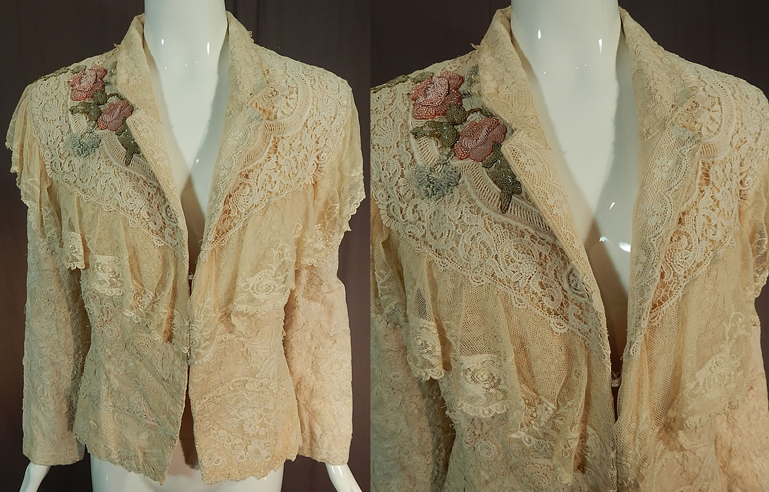 Vintage Antique Patchwork Cream Lace Floral Beaded Applique Trim Suit Jacket
This vintage antique patchwork cream lace floral beaded appliqué trim suit jacket dates from 1980. It is made of a variety of antique Victorian era off white cream color lace both machine and hand made created into a patchwork of pieced overlapping laces.