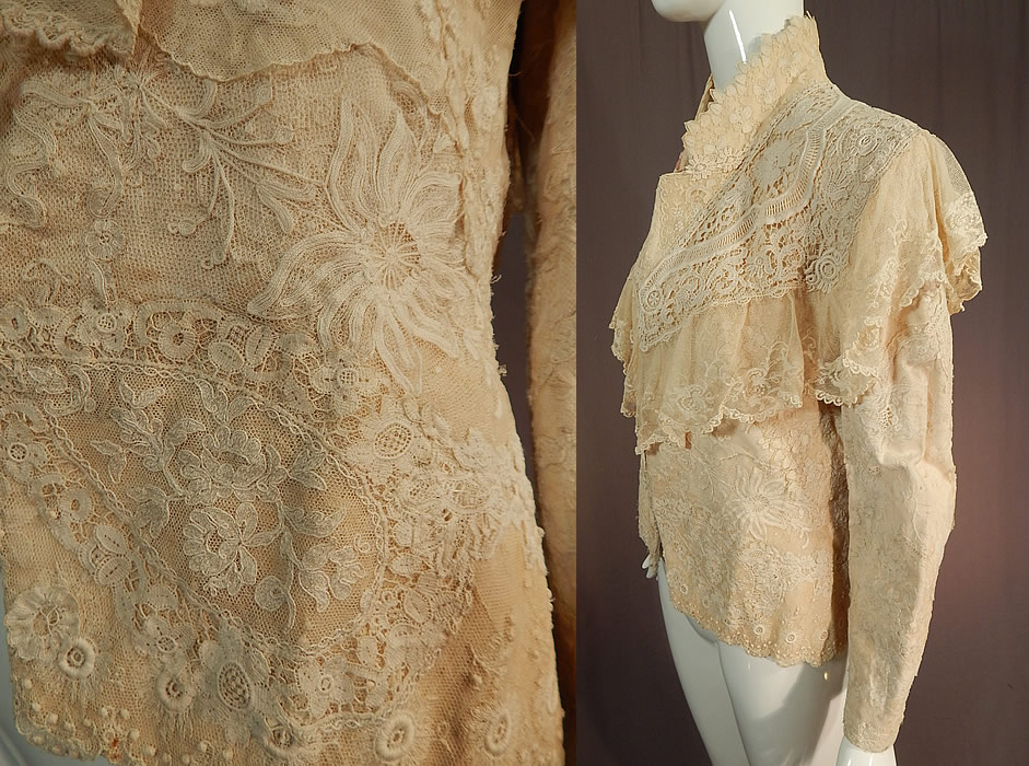 Vintage Antique Patchwork Cream Lace Floral Beaded Applique Trim Suit Jacket
This lovely lace suit jacket has a high neck scalloped lace collar which can be worn up or folded down with a lace trim lapel, an embroidered net ruffle flounce around the shoulders, long full sleeves, broad shoulder padding, hook closures on the front and is fully lined. 