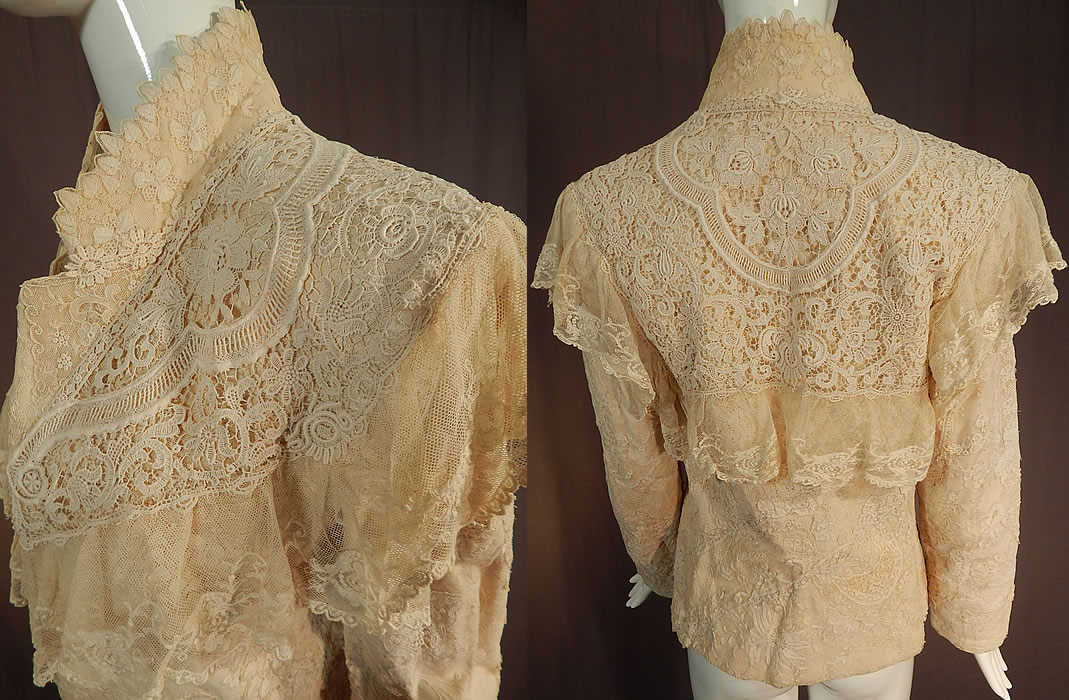 Vintage Antique Patchwork Cream Lace Floral Beaded Applique Trim Suit Jacket
