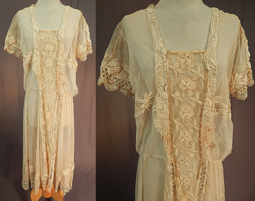 Vintage Cream Tulle Net French Knot Embroidered Floral Lace Drop Waist Dress
This vintage cream tulle net French knot embroidered floral lace drop waist dress dates from 1920. 