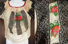 Vintage Romanian Hand Embroidery Black & White Lace Beaded Boho Peasant Blouse
