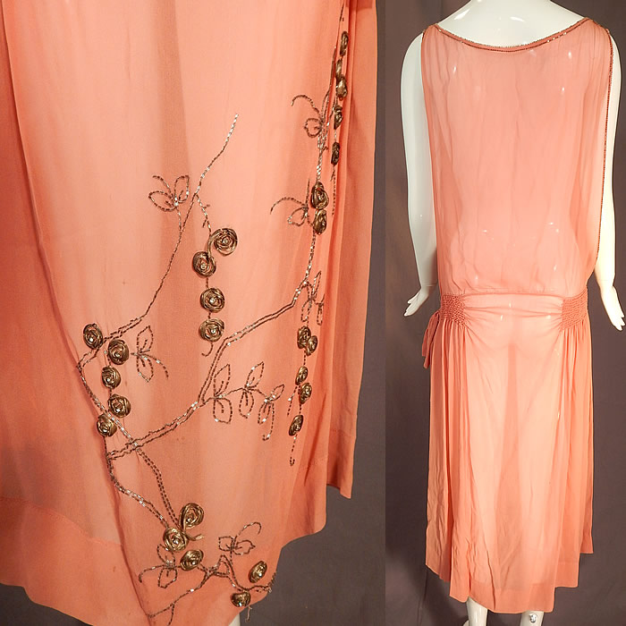 Vintage Art Deco Pink Silk Chiffon Gold Lamé Rosette Beaded Drop Waist Flapper Dress
The dress measures 50 inches long, with a 36 inch bust and 30 inch waist.