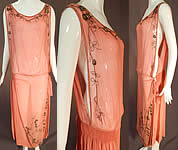 Vintage Art Deco Pink Silk Chiffon Gold Lamé Rosette Beaded Drop Waist Flapper Dress
