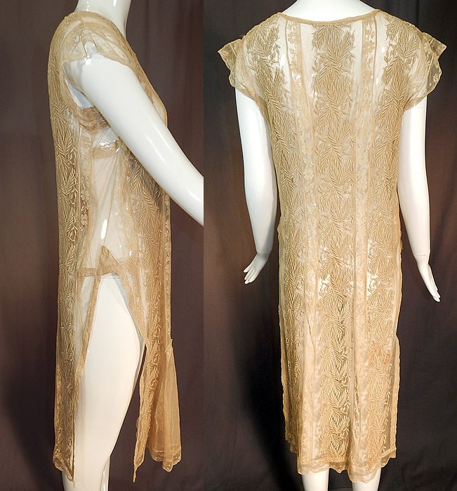 Vintage Embroidered Ecru Net Lace Tabard High Slit Chemise Shift Dress
The dress measures 43 inches long, with a 36 inch bust, 36 inch waist and 36 inch hips. It is in good condition, has not been cleaned, with only slight faint underarm discoloration. This is truly an exquisite piece of wearable lace art!