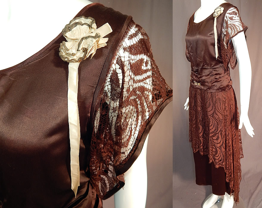 Vintage Brown Silk Lace Handkerchief Skirt Rosette Ribbon Trim Flapper Dress
here are brown, cream silk ribbon bow trimmings on the front waist and a rosette flower trim with gold metallic accents on the shoulder. 