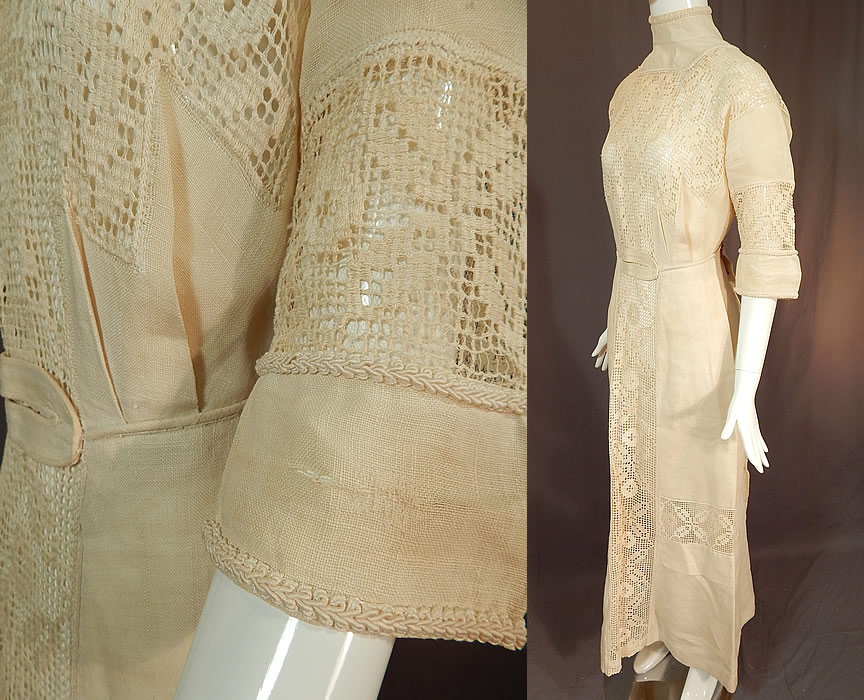 Edwardian Cream Color Linen Filet Lace Tea Gown Dress
The dress measures 56 inches long, with a 36 inch bust and 26 inch waist. It is in good as-is condition, has not been cleaned with small faint stains on the front skirt, slight underarm discoloration, a few mended repairs and small frayed split on the sleeve cuffs (see close-up). This is truly a wonderful piece of wearable art!