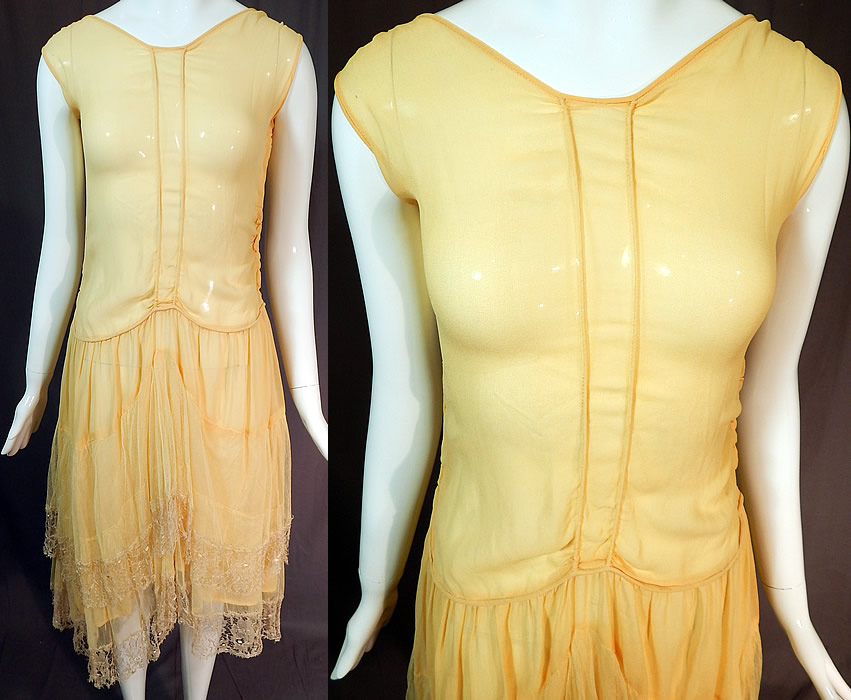 Vintage Art Deco Yellow Silk Cobweb Lace Handkerchief Skirt Flapper Dress
This vintage Art Deco yellow silk cobweb lace handkerchief skirt flapper dress dates from the 1920s. It is made of a pale pastel lemon chiffon yellow sheer silk chiffon fabric with yellowish cream color sheer fine cobweb silk lace, tulle net trim along the bottom skirt. 