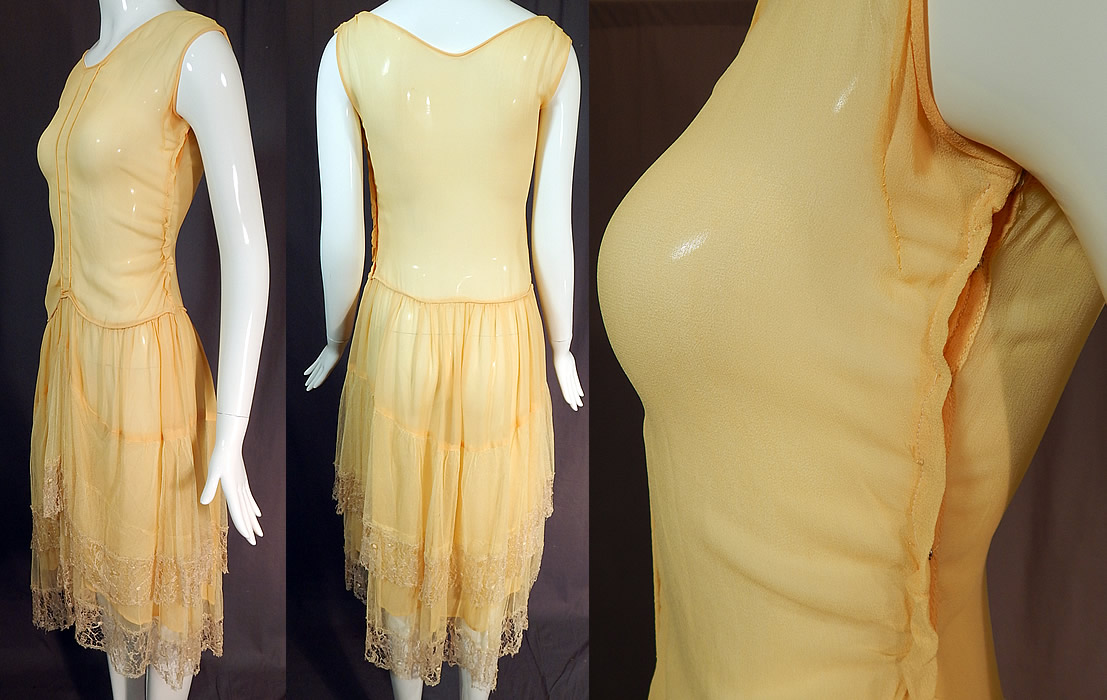 Vintage Art Deco Yellow Silk Cobweb Lace Handkerchief Skirt Flapper Dress
The dress measures 42 inches long, with a 34 inch bust and 30 inch waist. It is in good as-is condition, with only a small mended repair under the arm and the arm holes are small (see close-up). This is truly a wonderful piece of wearable Art Deco textile art! 