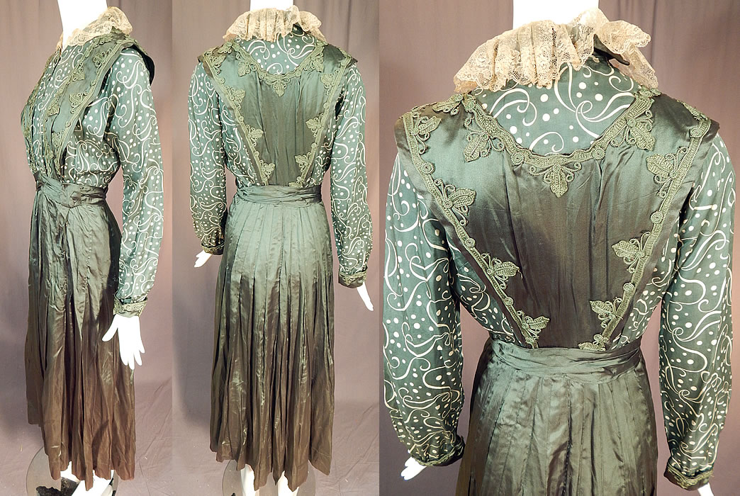 Edwardian Titanic Olive Green Silk Polka Dot Print Soutache Trim Pinafore Dress
The dress measures 53 inches long, with a 36 inch bust and 26 inch waist. It is in fair as-is condition needing restoration, redesign and would be great for design, pattern or display. The solid green silk fabric is weak, frayed and shattering in areas, with some discoloration. The print silk fabric is in better condition with no splits and would be great for parts and pieces. The lace collar trim has some stains and splits. This is truly a wonderful piece of Titanic era fashion!