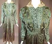 Edwardian Titanic Olive Green Silk Polka Dot Print Soutache Trim Pinafore Dress
