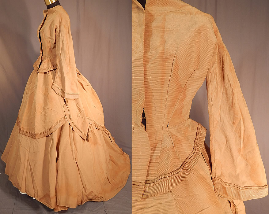 Victorian Khaki Brown Silk Wool Grosgrain Bustle Gown Hoop Skirt Dress
The bodice measures 21 inches long, with a 32 inch bust, 22 inch waist and 18 inch long sleeves. 