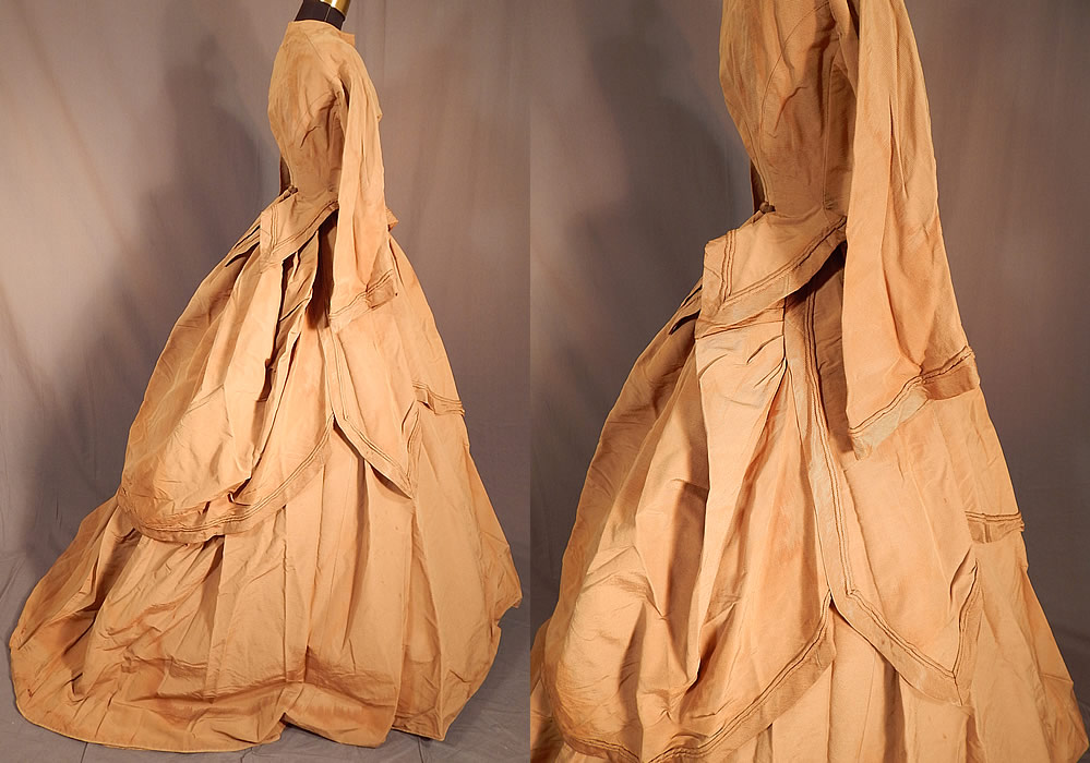 Victorian Khaki Brown Silk Wool Grosgrain Bustle Gown Hoop Skirt Dress
There is a long floor length full hoop skirt (hoop not included underneath), with back train, side slit pockets, front hook closures and is fully lined.