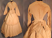 Victorian Khaki Brown Silk Wool Grosgrain Bustle Gown Hoop Skirt Dress
