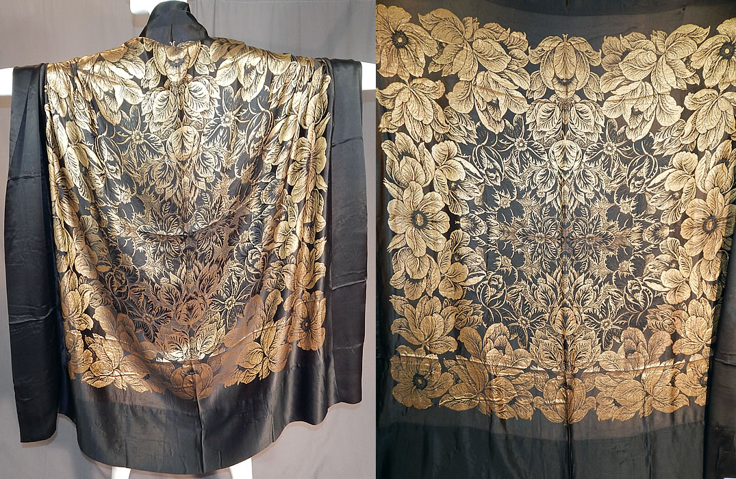 Vintage Art Deco Black Silk Gold Lamé Lame Flapper Cloak Cape Shawl Scarf
This vintage antique Art Deco black silk gold lamé flapper cloak cape shawl scarf dates from the 1920s. 